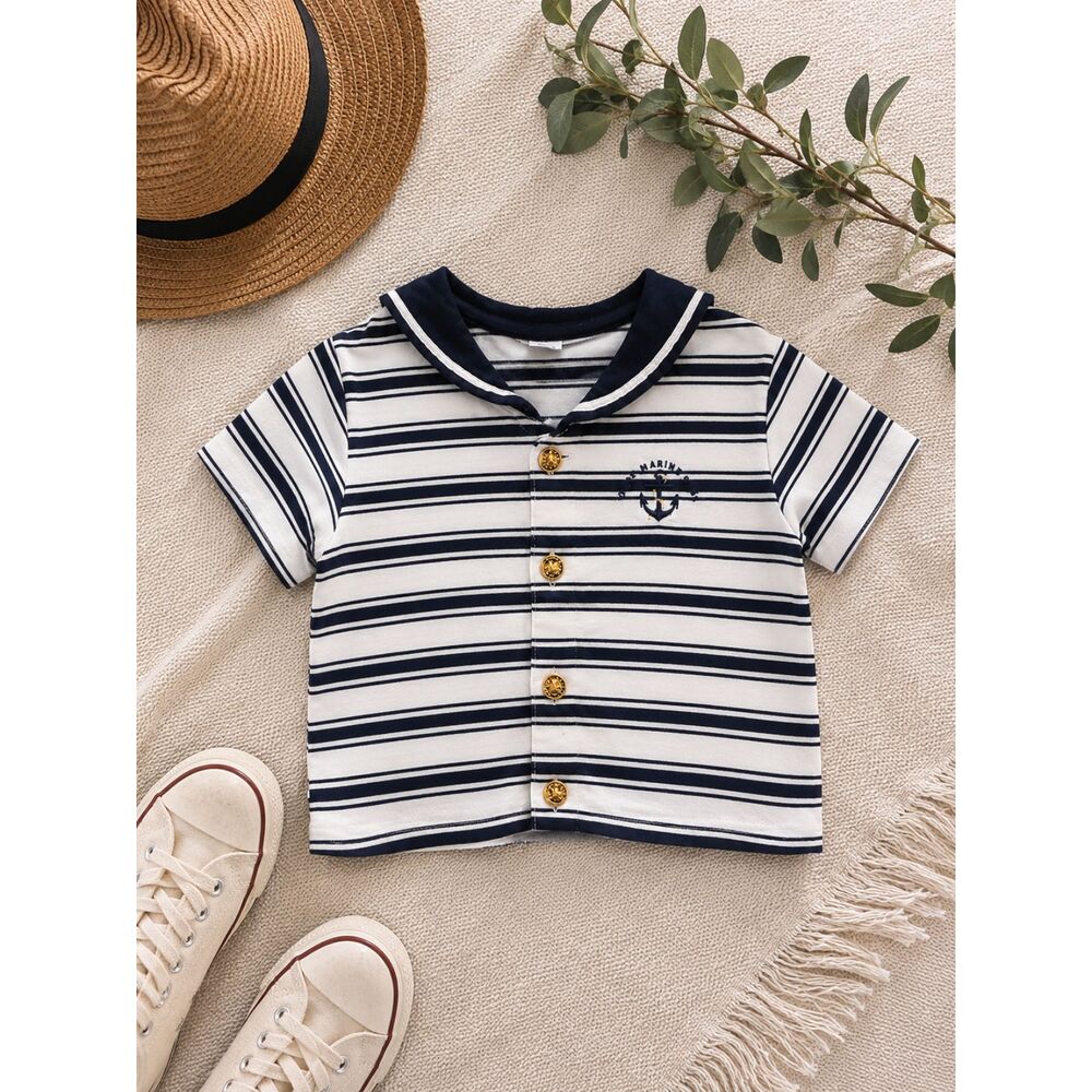 Vintage Doré Kids Nautical Sailor Shirt Size 90 Navy White Striped Anchor Top